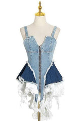 lotus leaf stitching slim blue denim dress