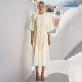 round Neck Wooden Ear Embroidery Tie Neck Slim Waist Solid Color Dress