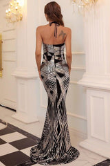 Geometric pattern hanging neck strapless sequin dress