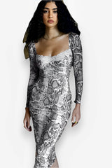 snake print collar long-sleeved sexy slim dress