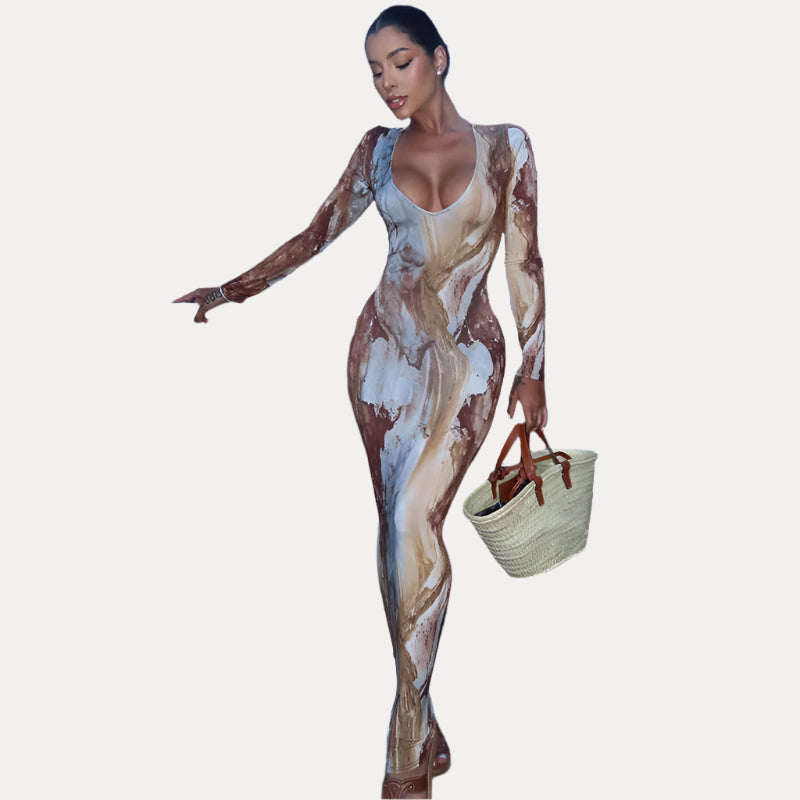printed sexy V-neck slim long dress