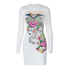 White printed slim urban style dress
