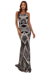 Geometric pattern hanging neck strapless sequin dress