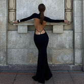 Solid Color Half Collar Long Sleeve Personalized Bare Back Maxi Dress