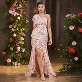 Diagonal Collar Tube Top Printed Dress High Slit Irregular Asymmetric Hem Dress