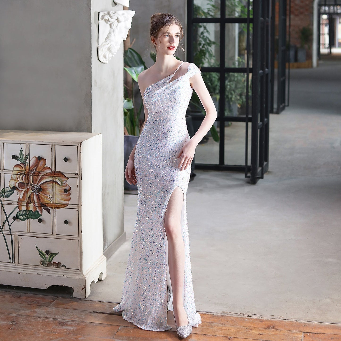 Mile one-shoulder bright Charming sequined formal dress