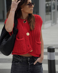 Large Buttons Solid Color Knit Vest Cardigan