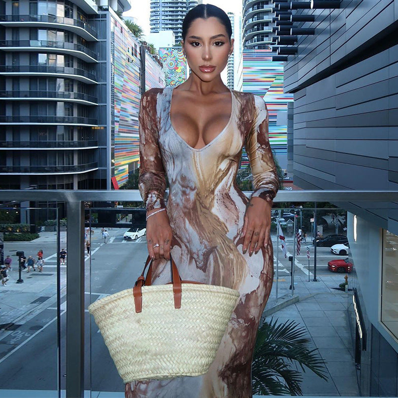 printed sexy V-neck slim long dress