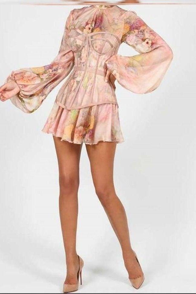 Lantern sleeve chiffon stitching A-line corset dress