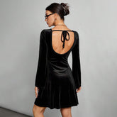 Simple Intellectual Dress Backless Lace Up All Match Black Dress