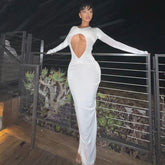 Cutout Slim Pleated Solid Color Long Sleeve Dress