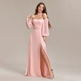 Multiple Wear Elegant Tube Top Elastic Long Sleeve Back Zipper High Slit Formal Dress A line Chiffon Dress