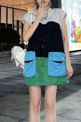 Sleeves loose drawstring short color matching dress