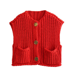 Large Buttons Solid Color Knit Vest Cardigan