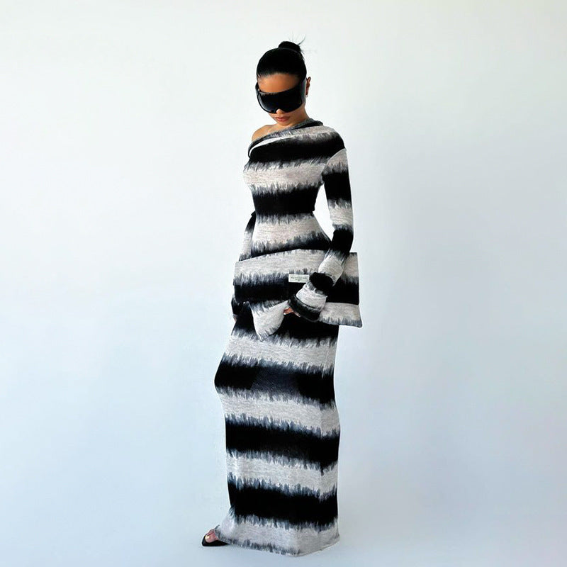 Striped Oblique Shoulder Long Sleeve Dress