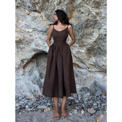 Cotton V-neck Suspender Long Dress
