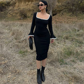 Square Collar Contrast Color Knitted Midi Dress Bell Sleeve Sheath