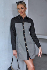 Print plaid stitching shirt dress