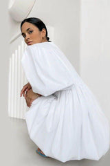 White satin high waist lantern puff sleeve dress