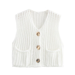 Large Buttons Solid Color Knit Vest Cardigan