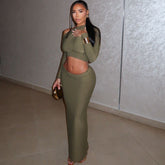 Comfort Casual Solid Color Cropped Skirt Set Maxi Dress Long Sleeve Diagonal Collar Two Piece Set