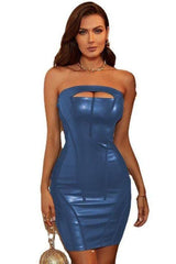 Black net bandage tube top short leather dress