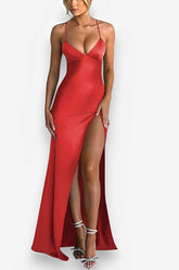 Deep v-neck suspender slit midi dress