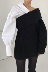 Knitted stitching fake two-piece slanted shoulder dress