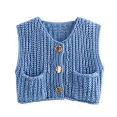 Large Buttons Solid Color Knit Vest Cardigan