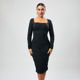 Stretch Solid Color Square Collar Ruffle Hip Slim Fit Mid Length Dress