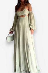 Sexy suspender long-sleeved backless green dress