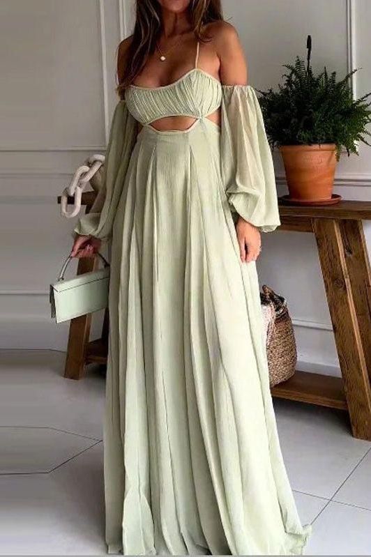 Sexy suspender long-sleeved backless green dress