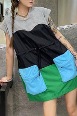Sleeves loose drawstring short color matching dress