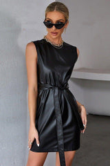 Retro belt PU leather sleeveless short dress