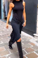 sleeveless black tight pleated dress