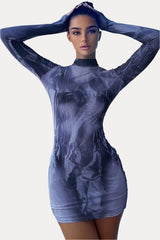 Printed slim round neck hip dress