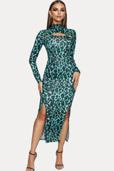 Hollow Leopard Print Thin Body-fitting Long Bandage Dress