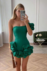 Ruffled flower one-shoulder bud waist dress