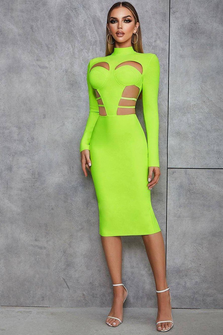 Sexy retro hollow back slit slim long-sleeved dress