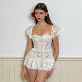 Square Neck Mesh Waist Puff Sleeve Dress