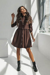 Straps button roll sleeve casual dress
