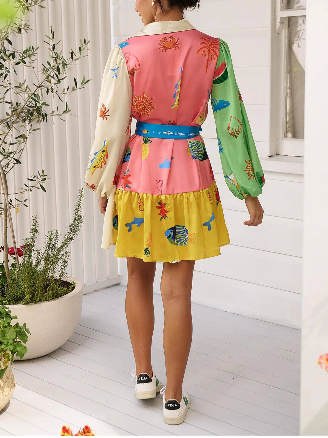 Graffiti Print Lace-Up Cardigan Loose Trendy Short Dress With Wide Hem
