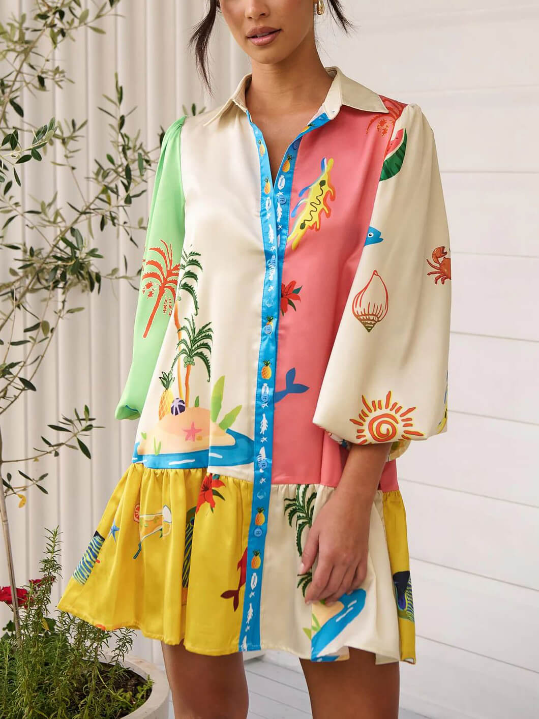 Graffiti Print Lace-Up Cardigan Loose Trendy Short Dress With Wide Hem