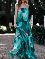 Calista Green Bloom Strapless Tiered Maxi Dress
