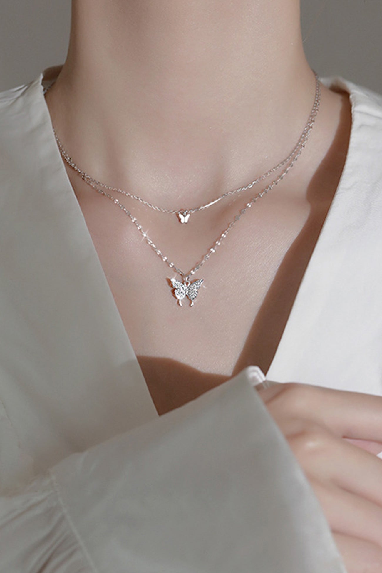 Pure Silver Double Layer Butterfly Necklace
