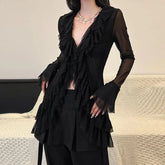 Deep-neck Long Sleeve Frill Blouse Black / S
