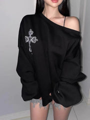 Dark Off Shoulder Pullover Hoodie Black / M
