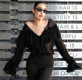 See Through Solid Long Sleeved Ruffles Tops