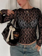 Long Sleeve See-Through Lace Crop Top for Women � Bodycon Party Wear