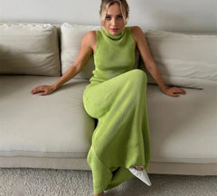 High Neck Knitting Top and Solid Long Skirt Suit